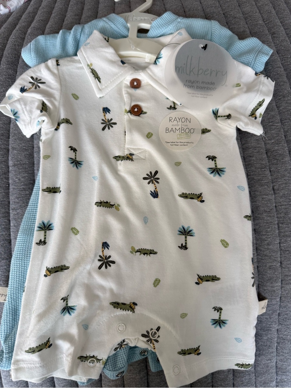 Milkberry White Baby Polo Romper with Green Crocodile Print